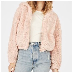 Boutique Cozy Soft Pink Sherpa Teddy Bear Jacket Coat Bomber Style Size Small